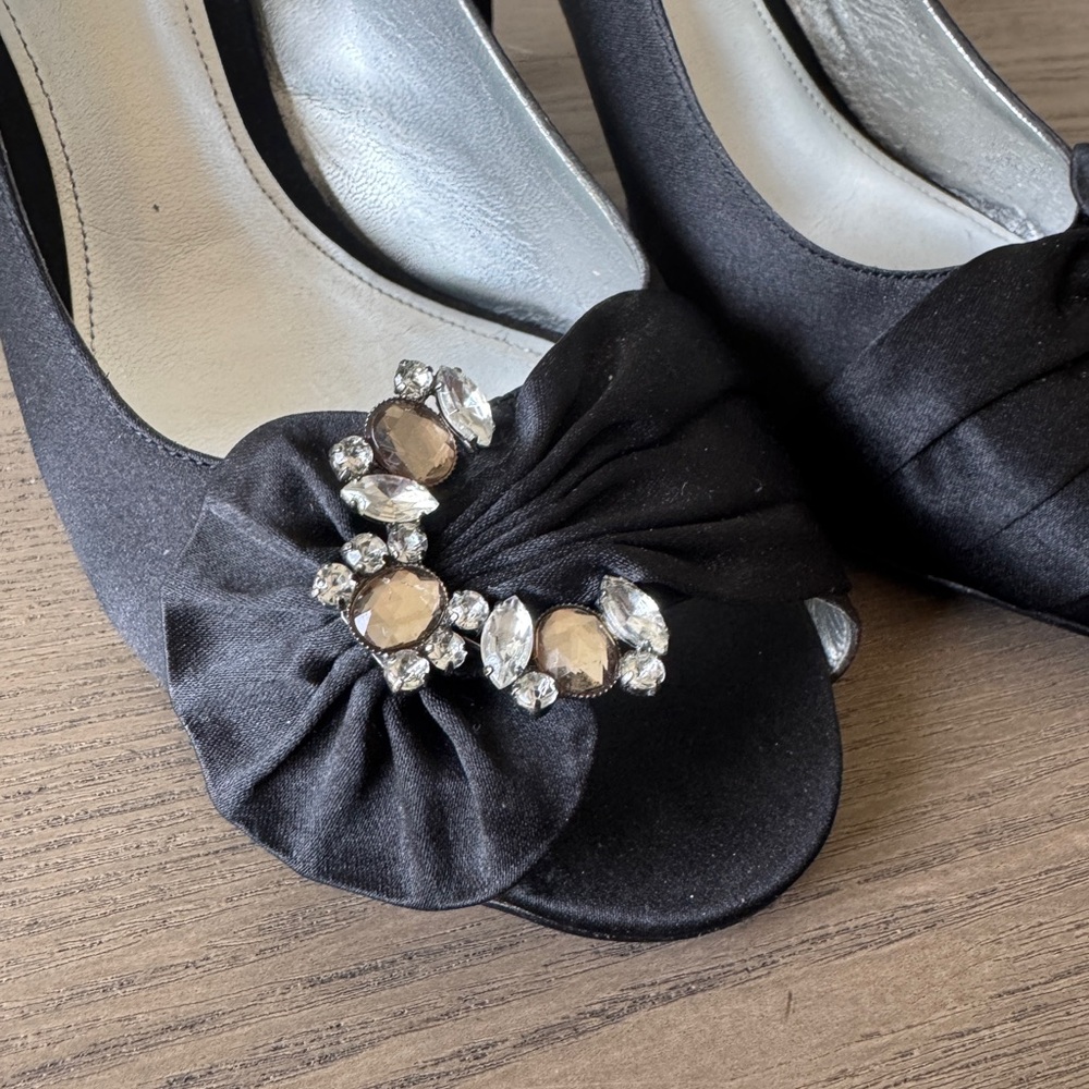 Women’s Black Satin Peep-Toe Heels w/ Crystal Embellishment - The Touch of Nina